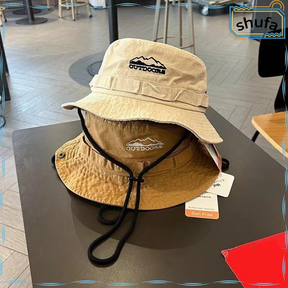 SHUFAMY Travel Hat, Unisex Sun Protection Fisherman Hat, Fashion Solid Color Mountain Range Embroidery Mountaineering Hat Hiking