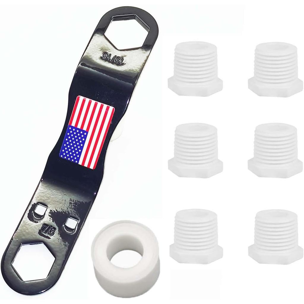 Kit Palam Saliran Pemanas Air RV dengan Bendera, Termasuk Kunci Pas Bersudut, 6 Keping Palam Gantian 1/2" NPT dan 1 Gulung Pita PTFE (8)