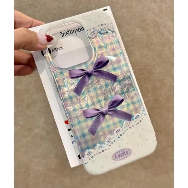 New Lace Purple Checks Bow Pattern Laser Glacier Pattern Phone Case Anti-Fall Phone Case for iPhone 16 Promax 15 Promax 11 12 13 Mini 14plus 11 Pro Max X Xs XR XS Max 78 7Plus