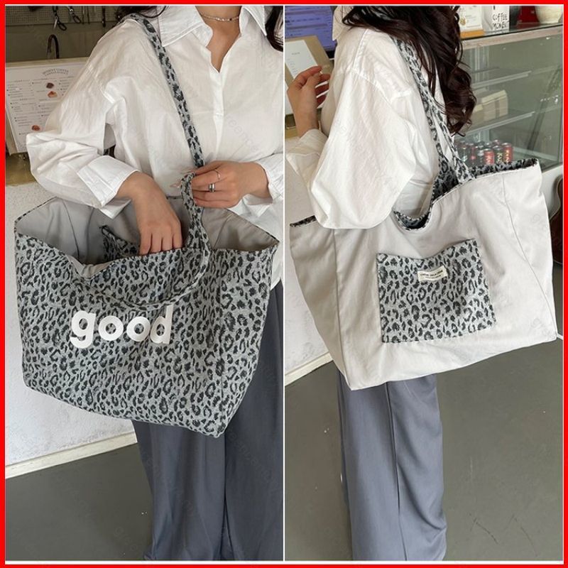 GR4 Korean style leopard print tote bag for women retro fashion shoulder bag simple casual bag 4GR