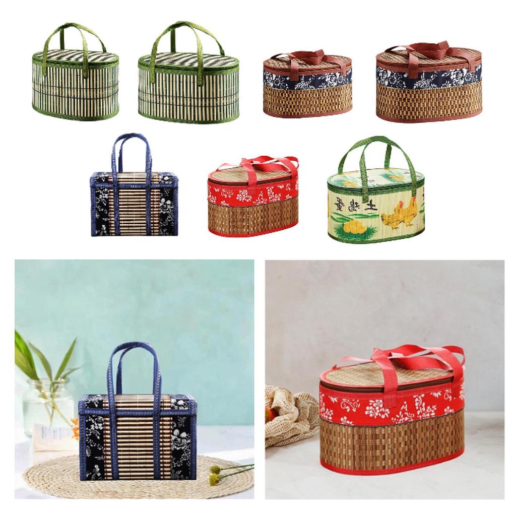 [lzdjlmy2ua] Handwoven Bamboo Picnic Basket with Handle Traditional Craft Food Storage Tray for Home and Park