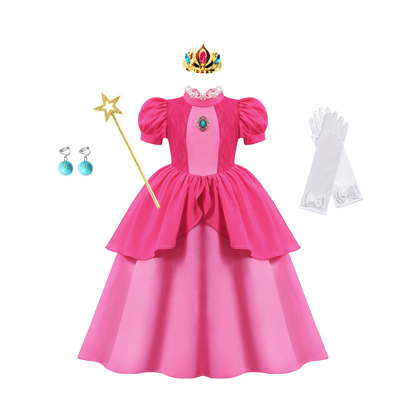 Girls Peach Princess Cosplay Costume Kids Halloween Disguise Birthday Clothes Party Dresses Outfit