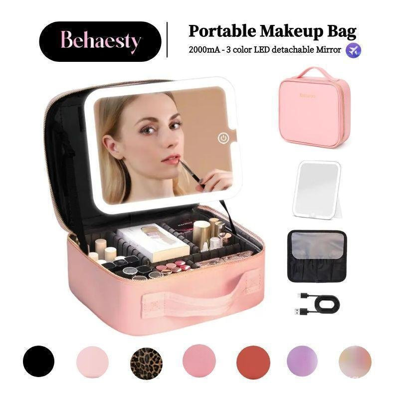Behaesty Portable Cosmetic Bag, Equipped with 3-Color LED Lights, Detachable Mirror, 2,000mAh USB Charging, Waterproof, PU Leather Material.