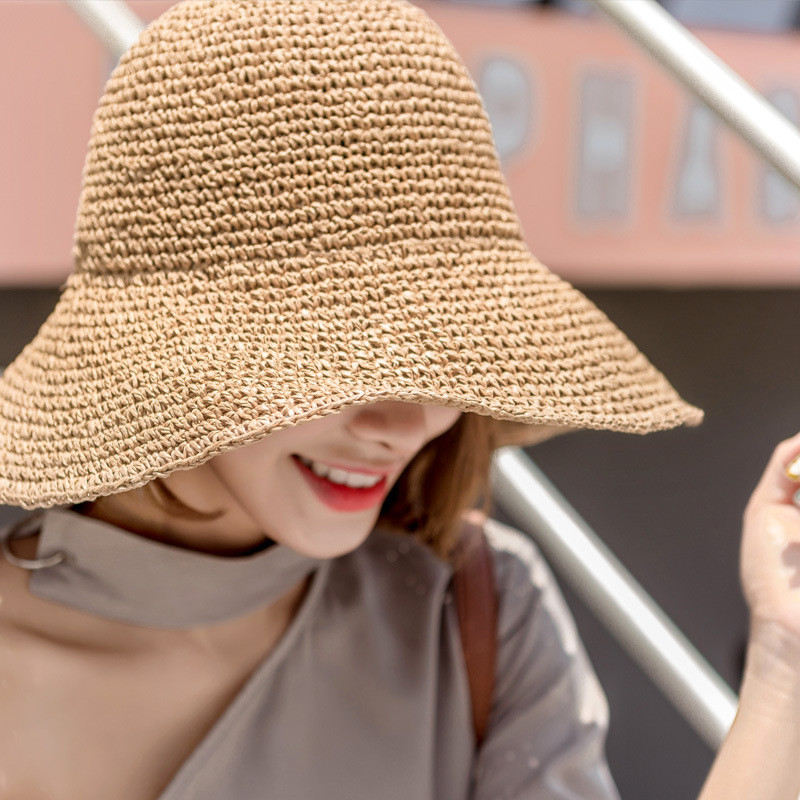 Big Brim Handmade Crochet Sunshade Straw Hat Female Summer Sunscreen Bucket Hat Folding Beach Hat Vacation Sun Hat