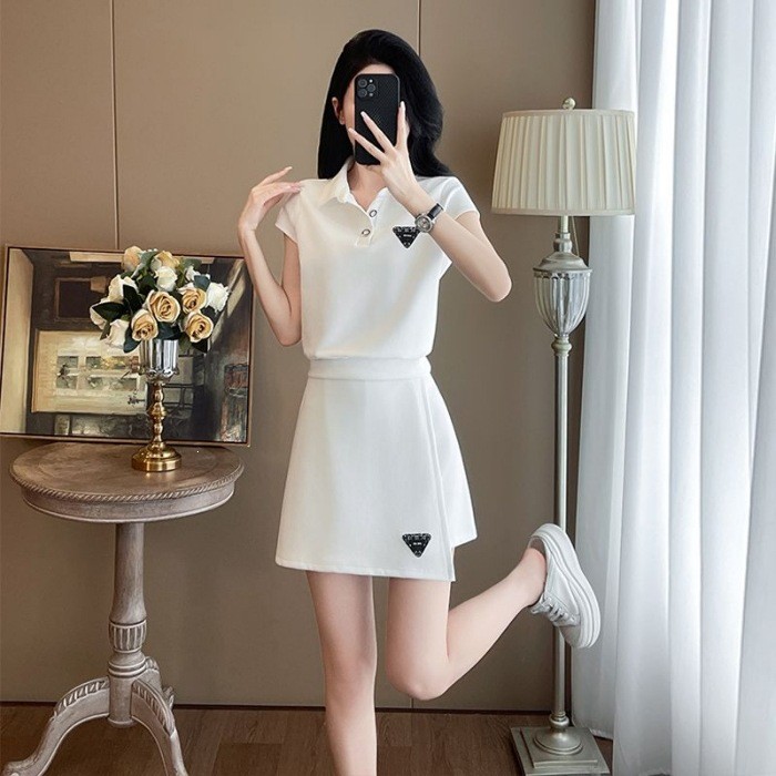 2026 Korean Version Fashion Casual Suit Short-Sleeved polo Collar Slimmer Look Short Skirt Two-Piece Suit Trendy