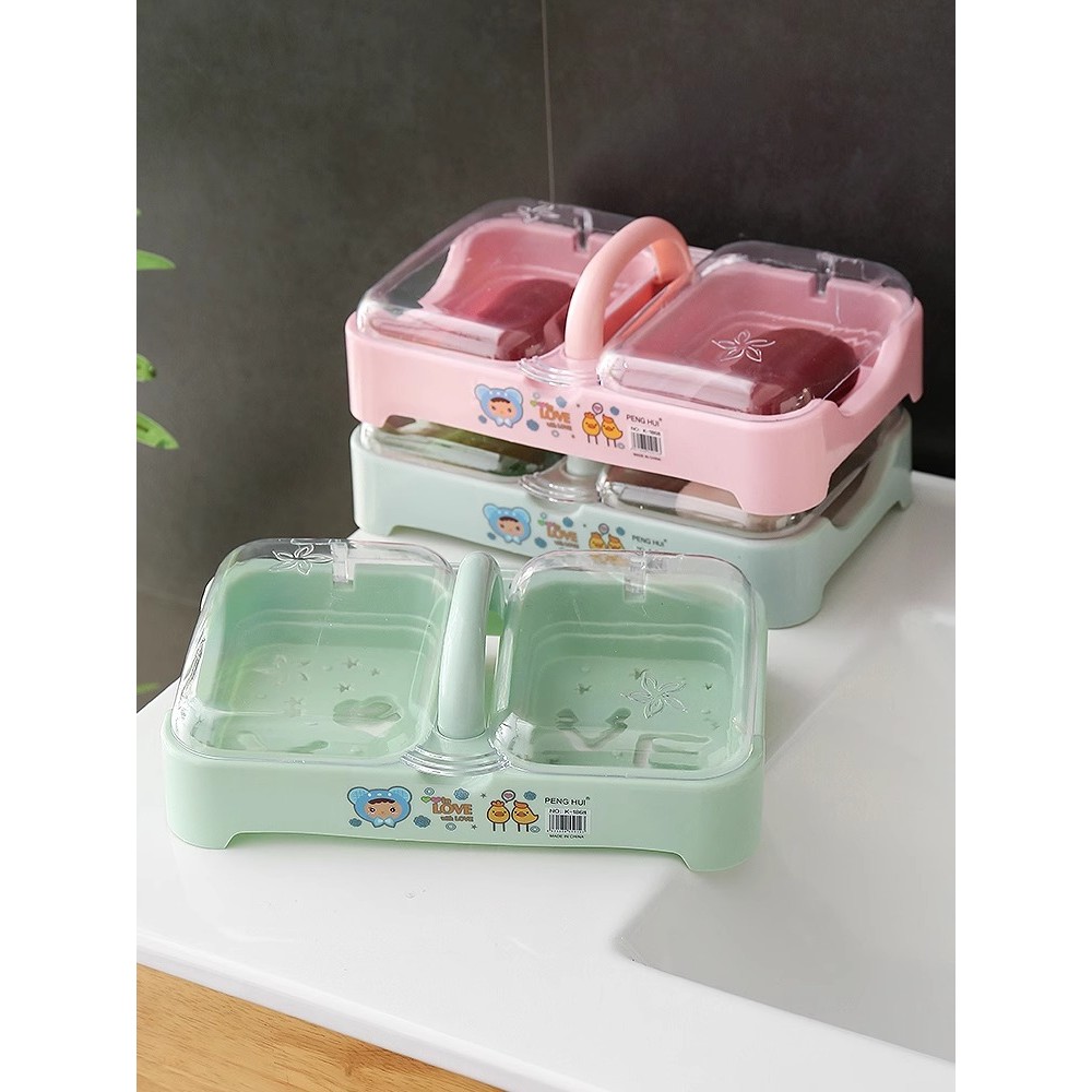 Flip Soap Box Double Compartment Soap Box Household Box with Lid Double-Layer Large Drain Laundry Soap Box Two in One
