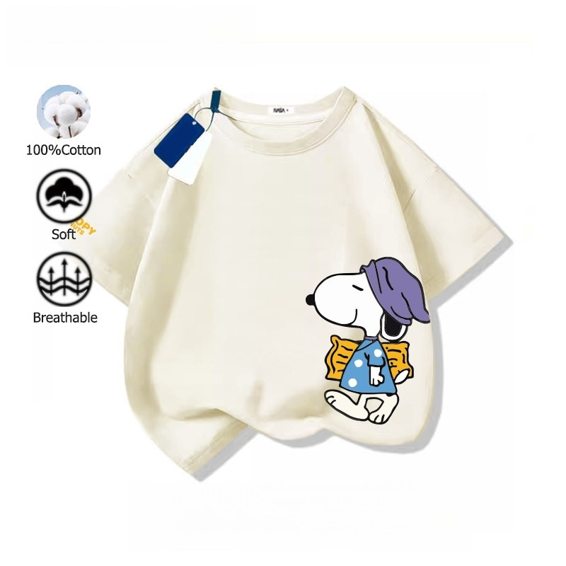 【220G 100%Cotton T-shirt】DUDU Kids Clothings Lengan Pendek Snoopy Nafas baik Potongan modest Prints kartun comel
