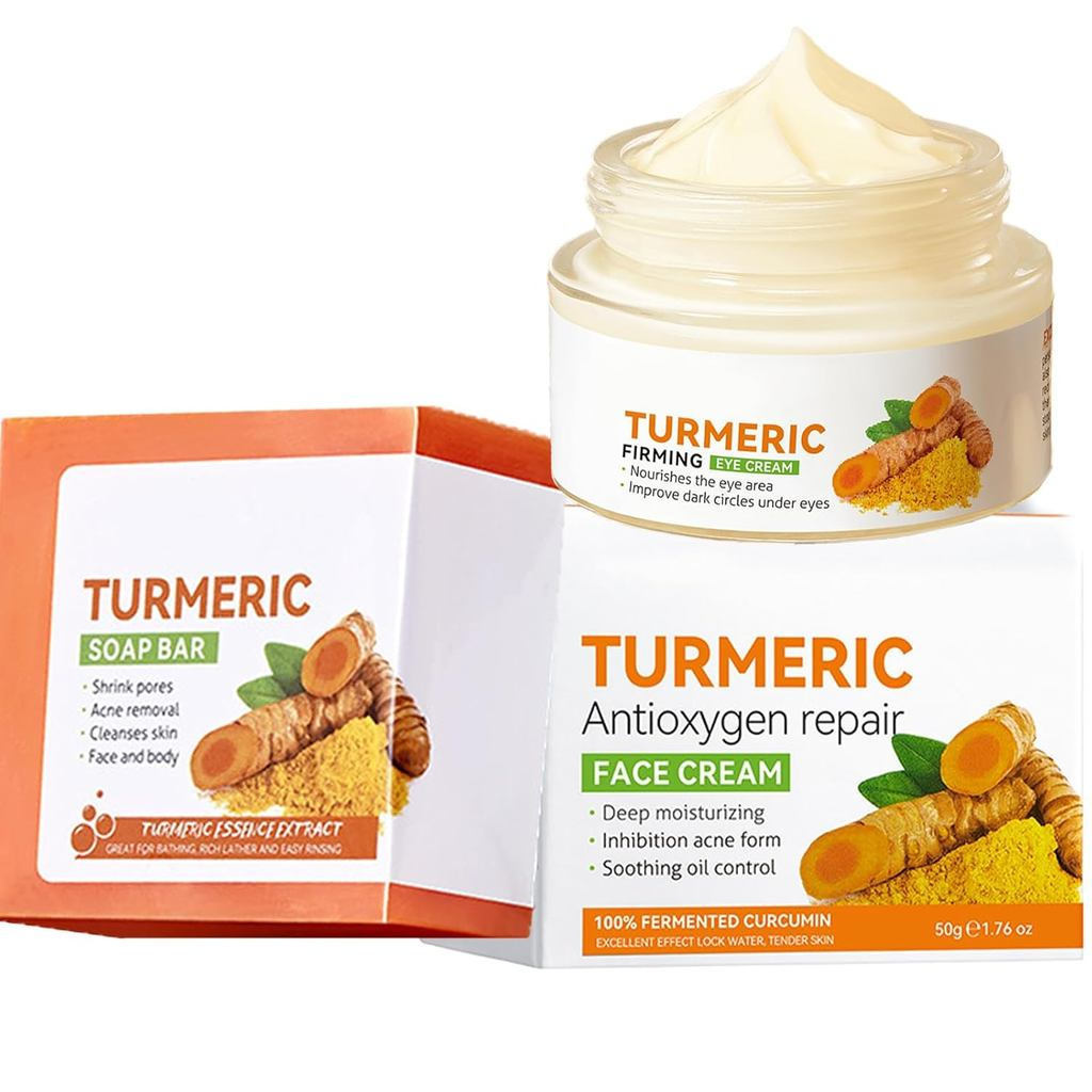 Turmeric Soap Bar and Turmeric Face Cream Set for Face & Body, 2 Pcs Turmeric Skin Care Set,Skin Even Tone Hyperpigmentation Skincare Set with Turmeric Soap & Moisturizer Face Crea