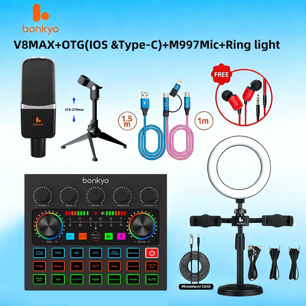Bonkyo V8MAX Sound card Mic Set, Sesuai untuk Penyanyi Langsung dan Rakaman Bunyi, 12 Efek Elektronik RGB