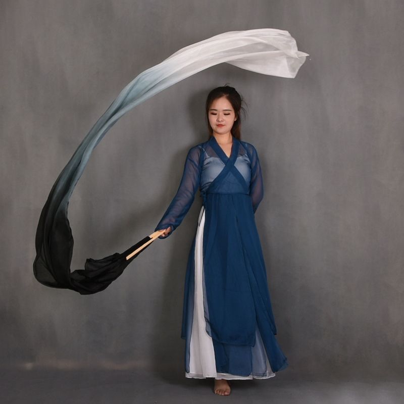 手扇 Hand Fan 扇子 舞蹈扇子 舞蹈扇子加长白灰黑古风左手指月如烟古典舞绸扇仿真丝跳舞扇长绸4.9DD