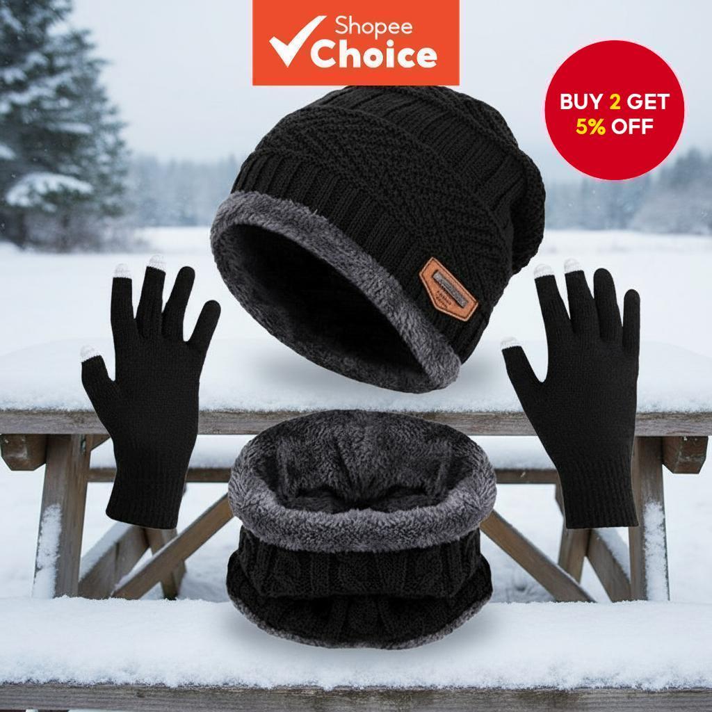 Unisex Winter Thermal Set: Woolen Hat, Scarf & Touchscreen Gloves - Three-Piece for Outdoor Sports and Skiing Set Terma Musim Sejuk Uniseks: Topi Bulu, Selendang & Sarung Tangan Skrin Sentuh - Set Tiga Keping untuk Sukan Luar dan Ski