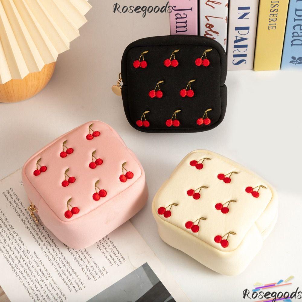 ROSEGOODS Coin Purse, Cherry Patterns Lightweight Jewelry Pouch, Portable Zipper Closure Sanitary Napkin Storage Bag