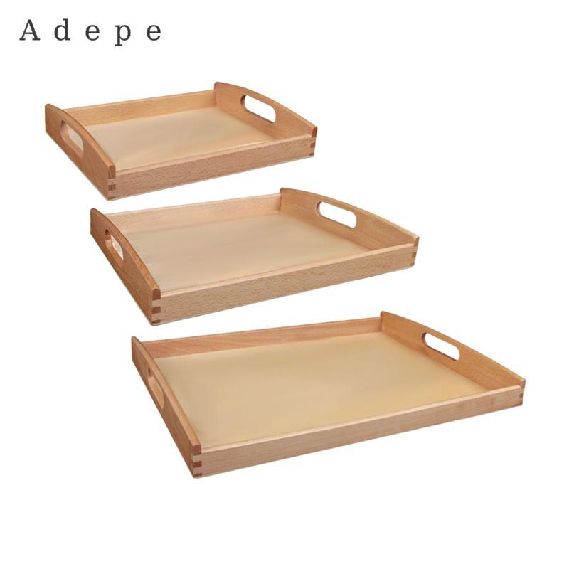 [Adepe] Wooden Serving Trays with Handle Teaching Aids Rectangular Shape Unfinished for Kids Toys