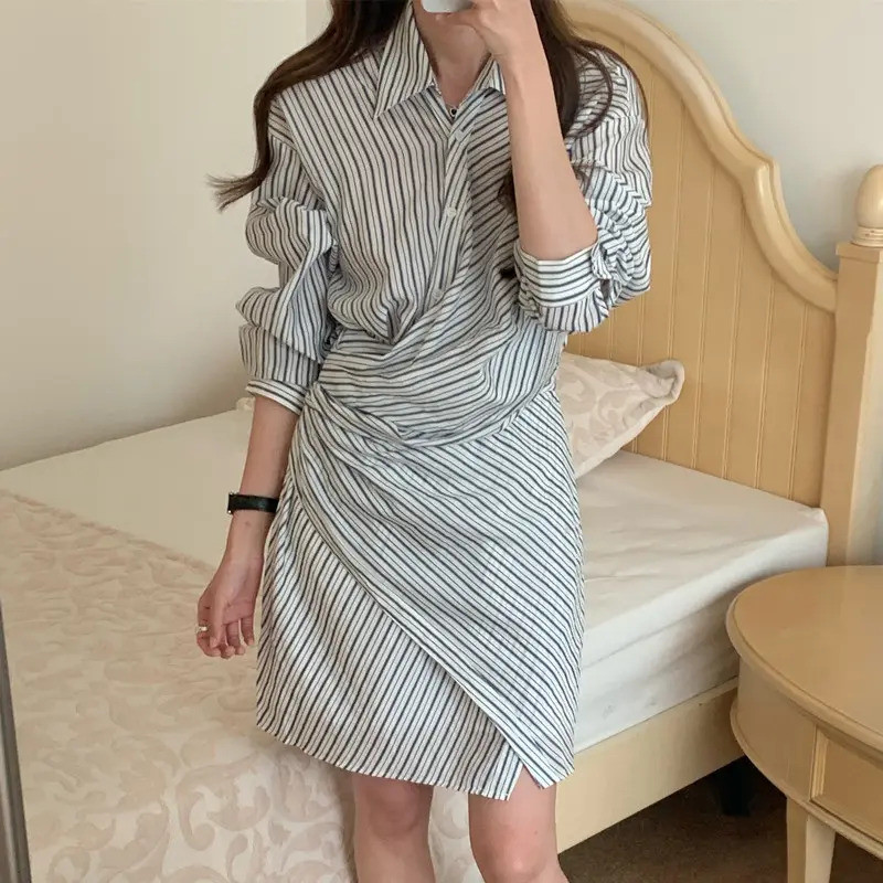 Korean Color Block Striped Mini Dress with Irregular Waist Straps