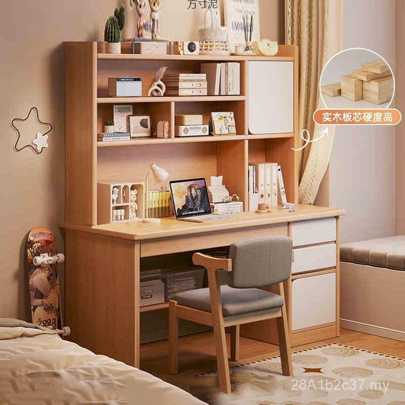 Meja kayu padu dengan rak buku, rak buku terintegrasi, meja komputer rumah, meja belajar ringkas untuk pelajar di bilik tidur, meja komputer.