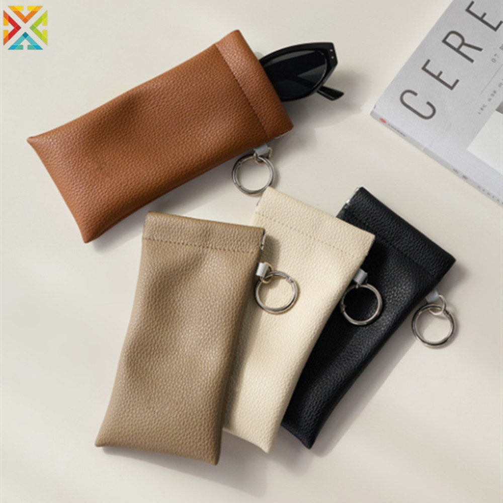 Soft PU Leather Glasses Case Squeeze Closure Sunglasses Pouch Portable Eyewear Bag with Keychain for Women Travel