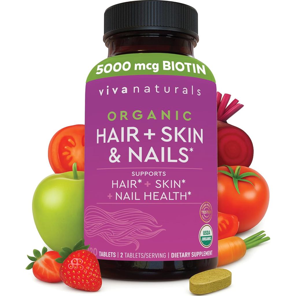 Hair Skin Nails Vitamins for Women – Organic and Vegetarian-Friendly Biotin 5000 mcg Supplement with Vitamin E, B-Vitamins, Spirulina, Horsetail and Superfood Blend to help Produce