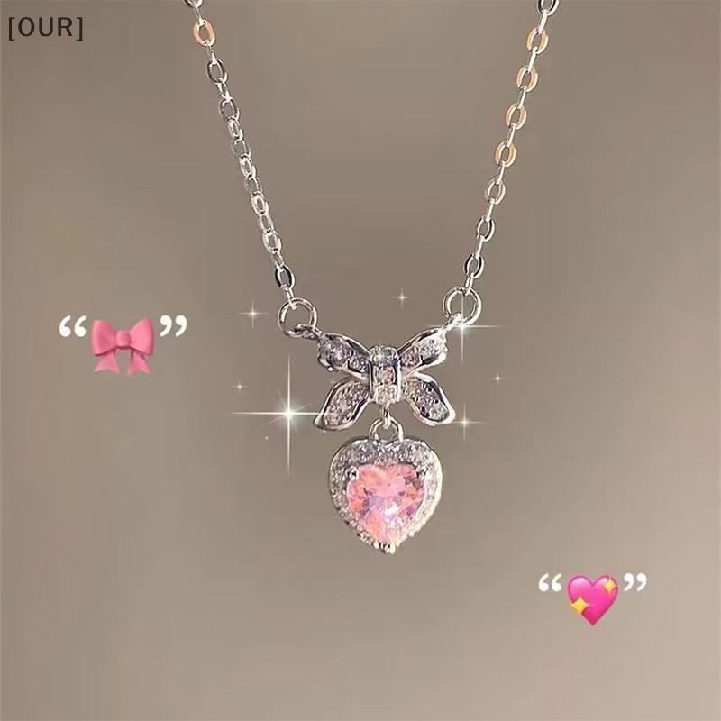 [OUR] Crystal Zircon Bowknot Heart Pendant Nelaces Pink Heart Ladies Girls Fashion Elegant Clavicle Chain For Women Jewelry null