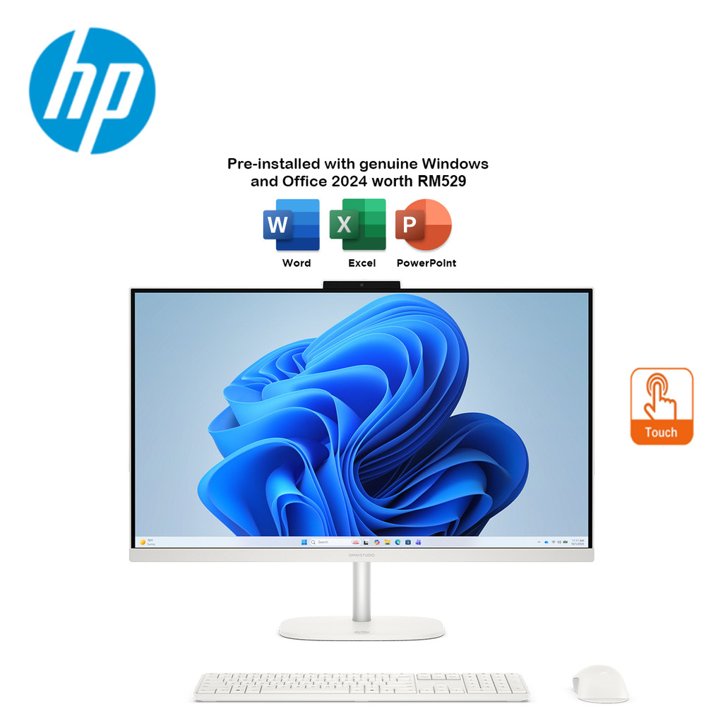HP OmniStudio 27-cu0008D 27" FHD Touch All-In-One Desktop PC Cotton White ( C5-120U, 16GB, 1TB SSD, Intel, W11, H&S+M365
