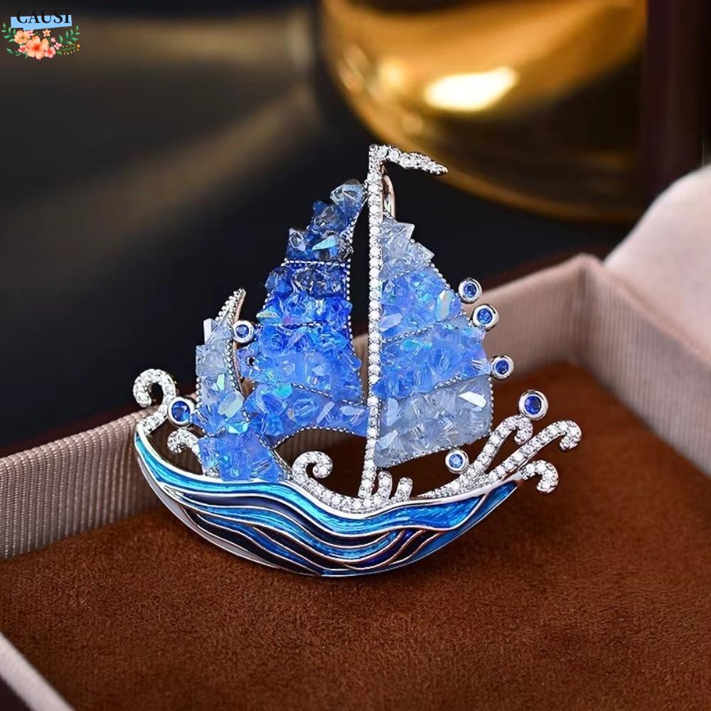 CAUSI Lucky Ship Brooch Pins, Blue Crystal Handmade Enamel Brooch, Fashion Rhinestones Jewelry DIY Collar Lapel Pin Women