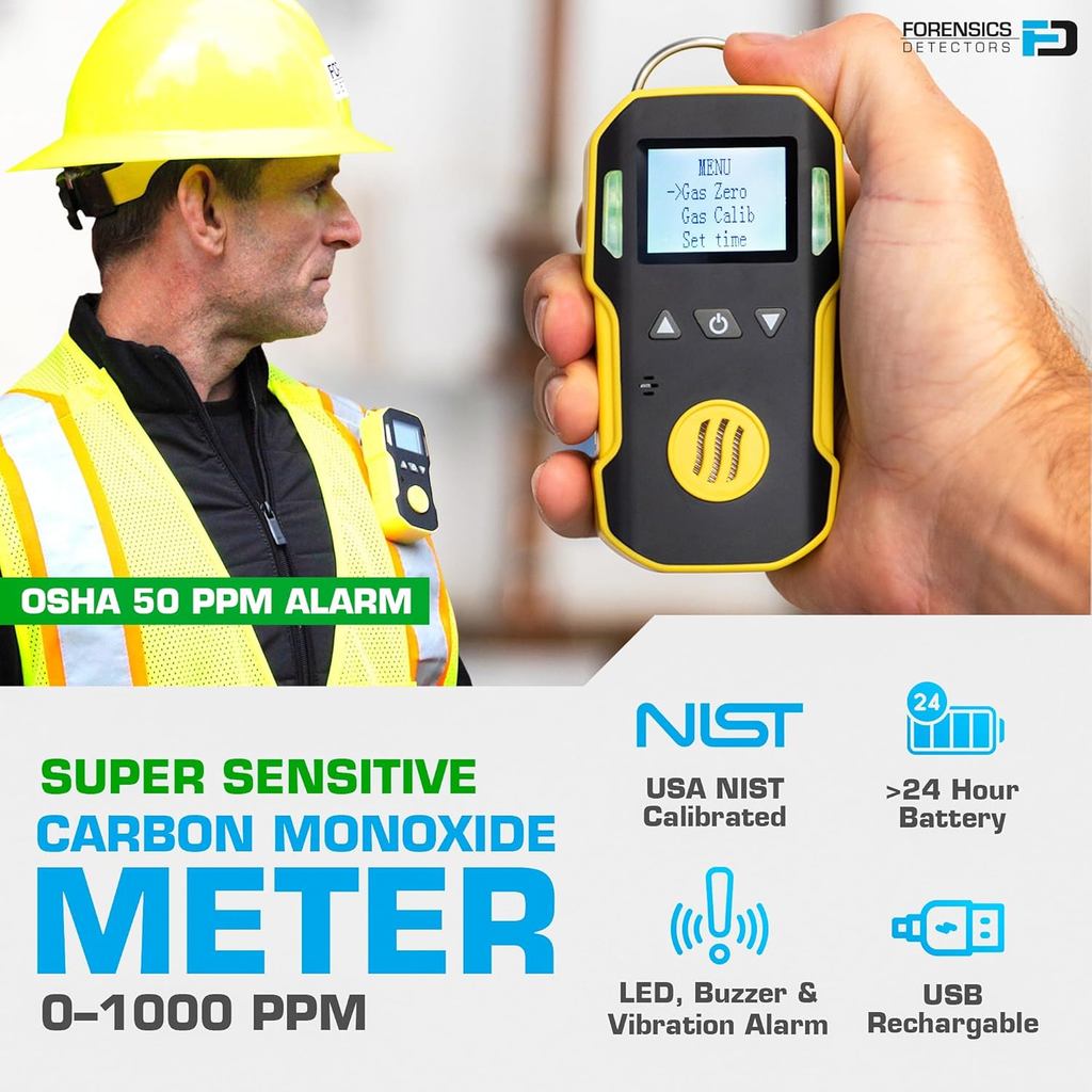 Carbon Monoxide CO Meter by Forensics | USA NIST Calibration | Dust & Explosion Proof | USB Recharge | Sound, Light and Alarms | 0-1000 ppm |