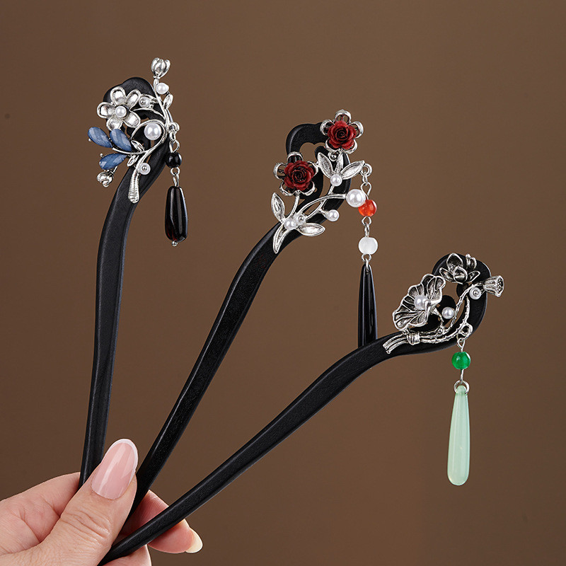 New Chinese Style Elegant Tassel Hairpin Antique Cheongsam Hanfu Coiled Hairpin Ebony Hairpin Small Fresh Chinese Style Hairpin Wooden Hairpin Hairpin