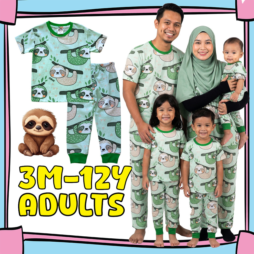 (3M-Adult) OBW GREEN SLOTH Pajamas Cotton Kids Sedondon Pyjama Girl Boy Baju Tidur Budak Family Set Plus Size Pyjamas
