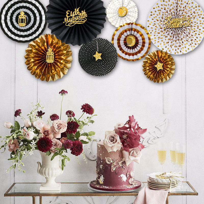 Durable Purpose 2025 Raya Decoration Paper Fan Flower Set Backdrop Eid Mubarak Elegant Gold Foil Ramadan Have Essential - Image 5