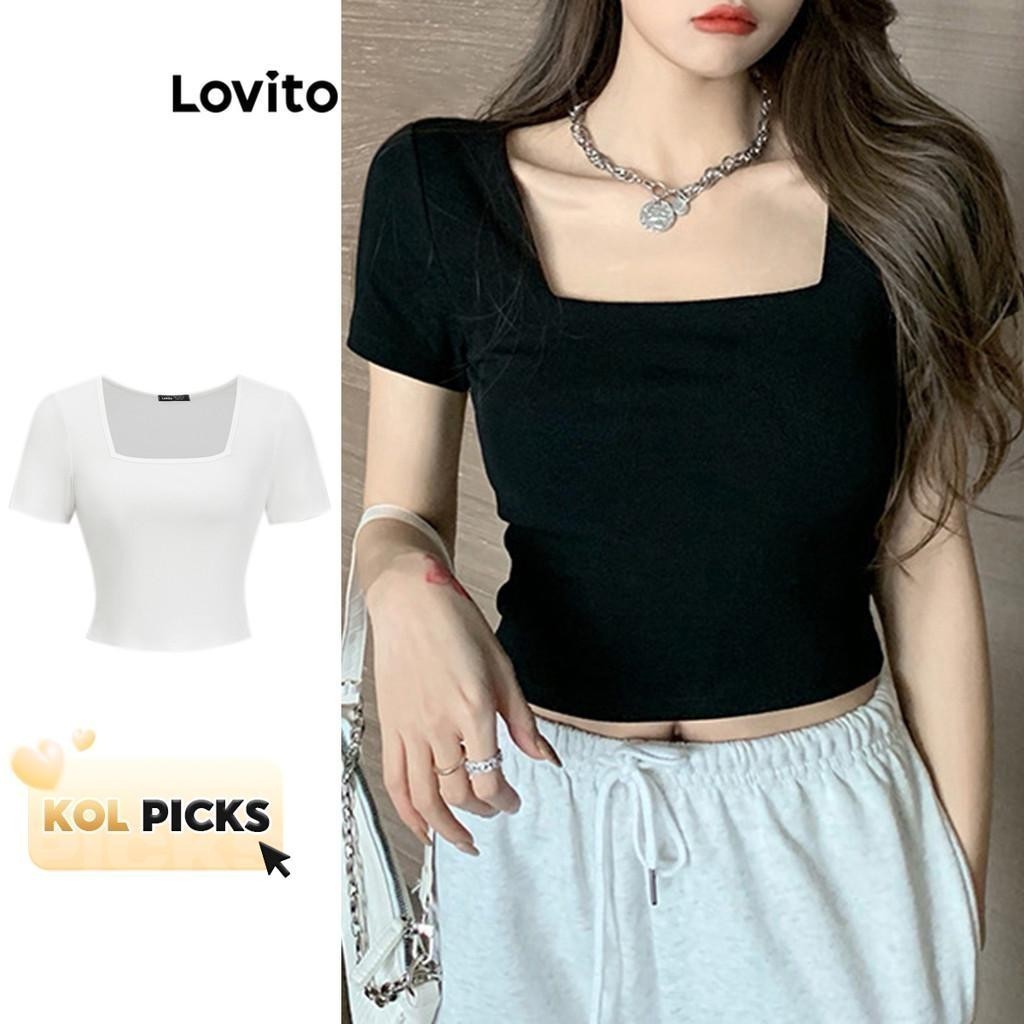 (KOL‘s pick) Lovito Casual Plain Basic Square Neck T-Shirt for Women LNE11006 (Multi-color) Lovito Kaos Leher Polos untuk Wanita