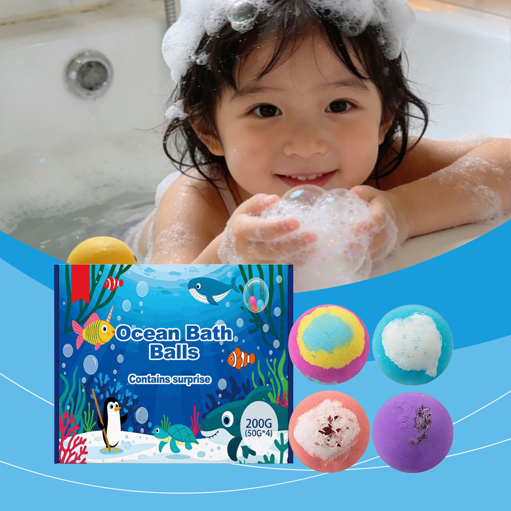 200g Ocean Bath Bomb Gift Set (4 x 50g), Gentle Foaming Balls with Surprise Toy, Moisturizing & Nourishing for Kids' Bath