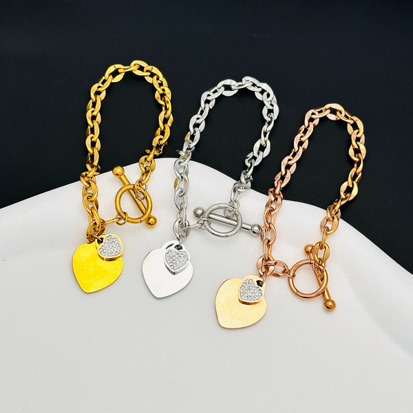 gelang titanium gelang couple Fashion Niche Design Style Rose Gold Titanium Steel Bracelet Female Non-Fade All-Match Classy Peach Heart Love Bracelet Jewelry