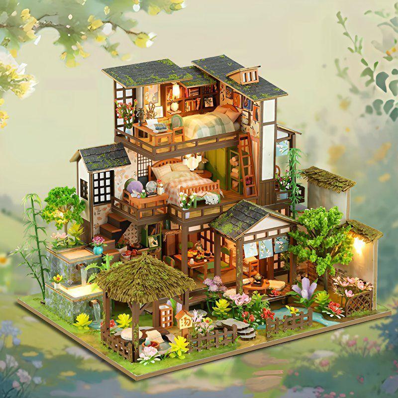 Bamboo Spring Courtyard Wooden diy Handmade Assembly Model Toy Making House Hut Villa