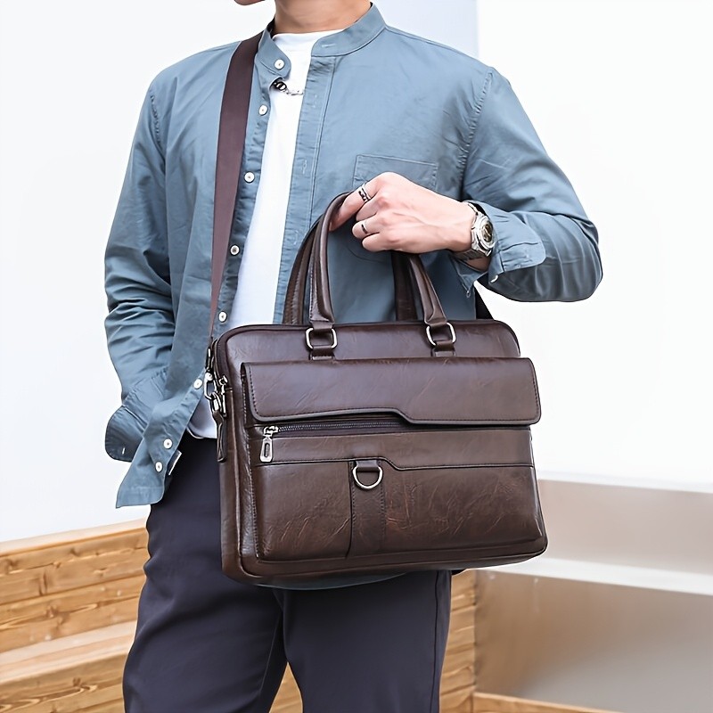 Vintage Brown Men's Business Briefcase-Adjustable Shoulder Strap Multiple Compartments Zippered File Folder Fits 14-inch Laptops & Tablets Messenger Bag Executive Bag