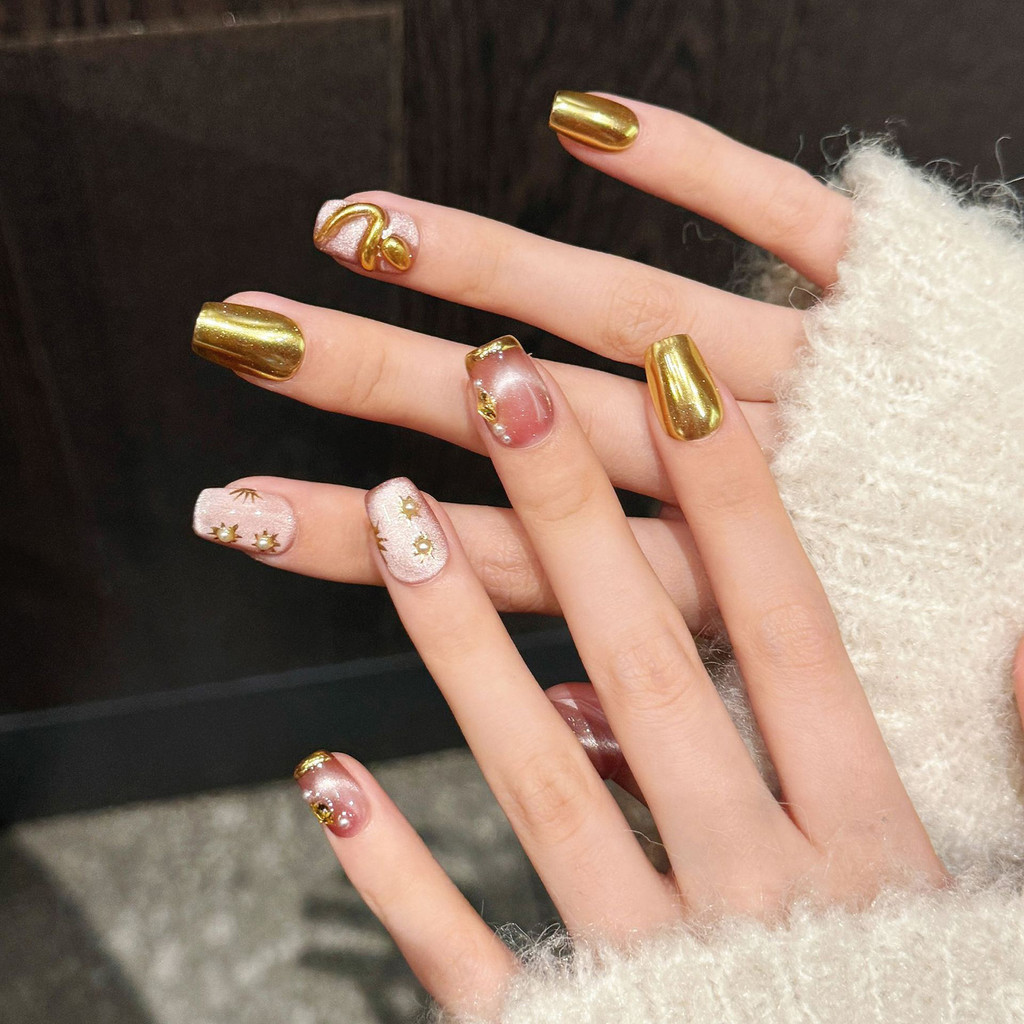 Pink Cat Eyes Short Press on Nails Reusable Long Lasting Press on Nails for Manicure Lovers and Beauty Bloggers