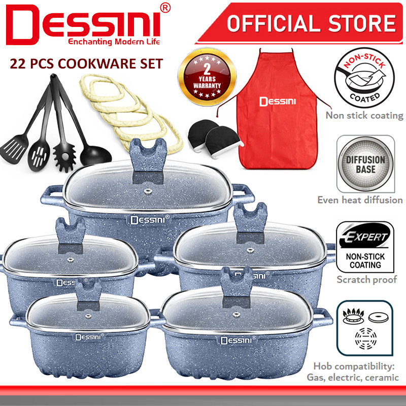 DESSINI ITALY 22 PCS Die Cast Aluminium Casserole Non-stick Stockpot Pot Bowl Fry Pan Wok Cookware PERIUK Kuali