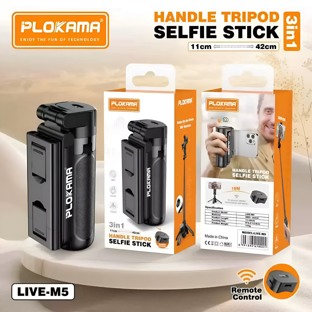 PLOKAMA LIVE-M5 Extendable Grip Tripod Mini Selfie Stick Remote Control Tripod 3 In 1 Tongsis Tripod Bluetooth
