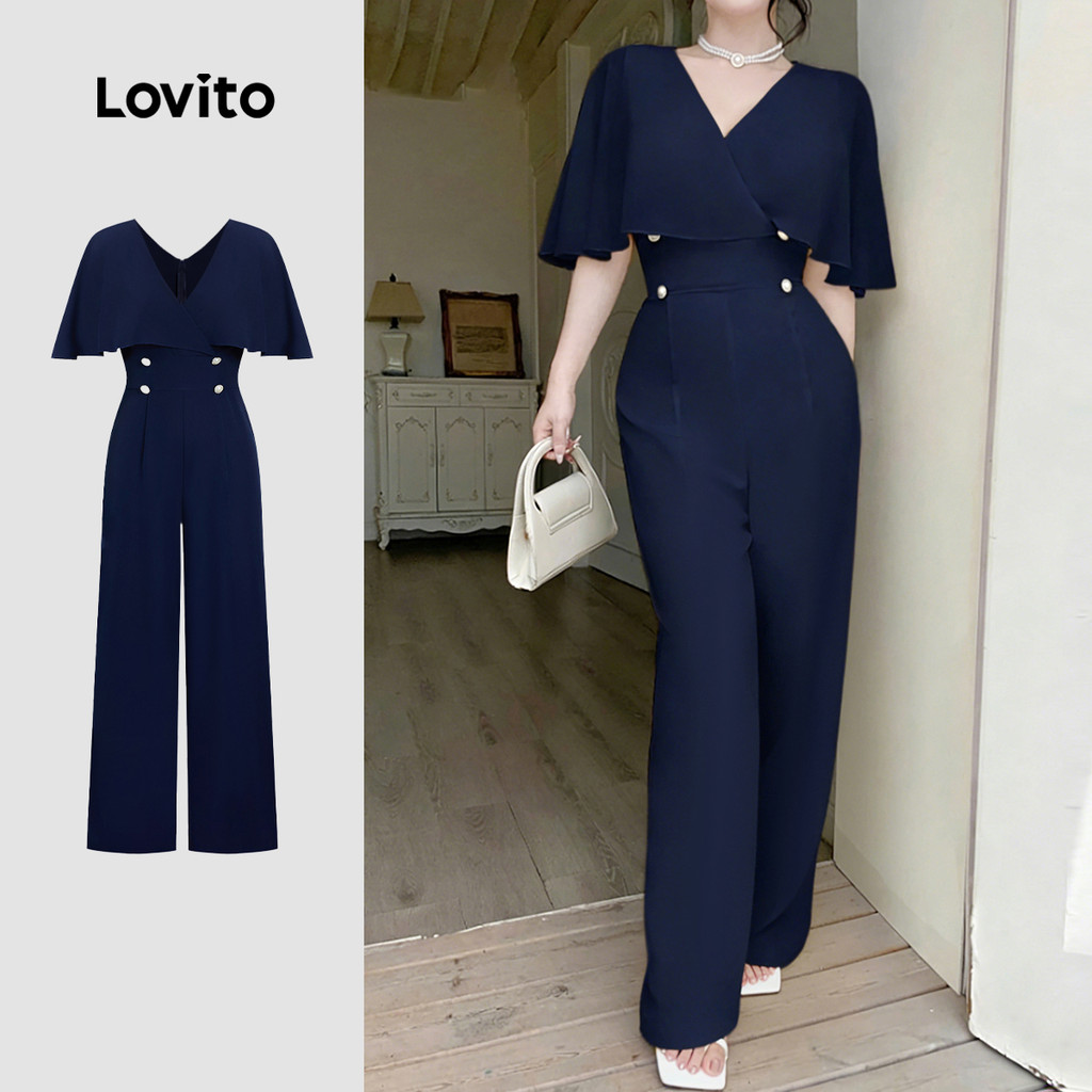 Lovito Elegant Jumpsuit Button Pleated Navy Blue Jumpsuit for Women L171AD040 Lovito  Jumpsuit Elegan Butang Berlipat Biru Tentera Laut untuk Wanita L171AD040