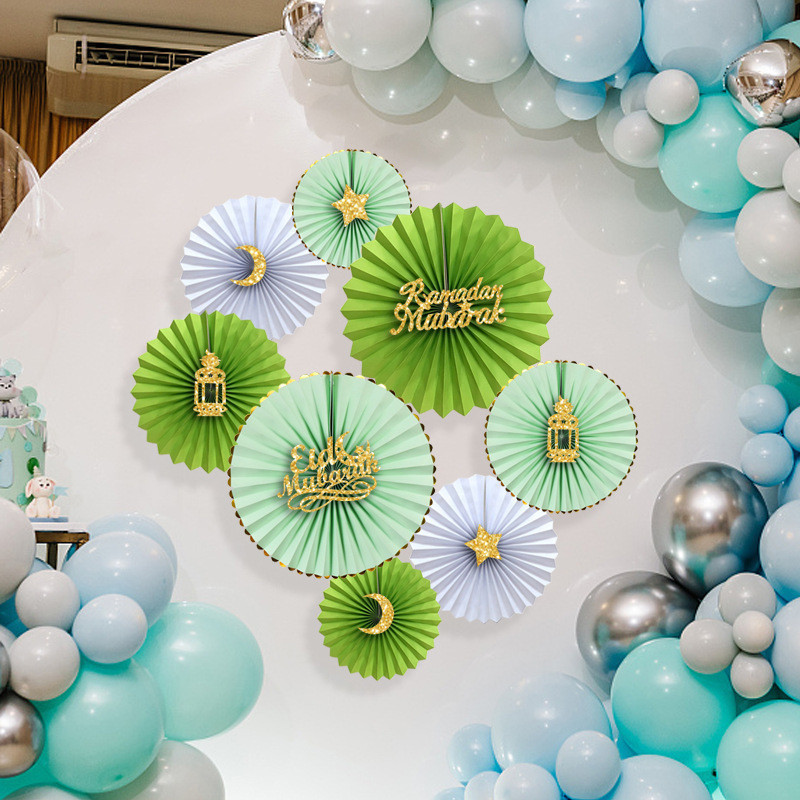 2025 Raya Decoration Paper Fan Flower Set Backdrop with Eid Mubarak and Elegant Gold Foil for Ramadan
