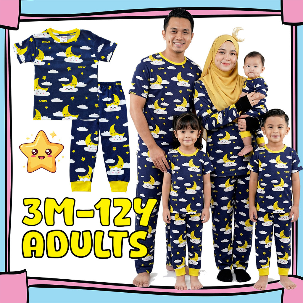 (3M-Adult) OBW BLUE MOON Pajamas Cotton Kids Sedondon Pyjama Girl Boy Baju Tidur Budak Family Set Plus Size Pyjamas