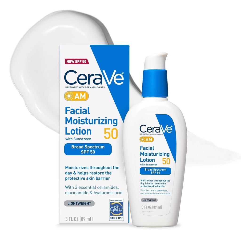 CeraVe AM Facial Moisturizing Lotion SPF50 Contains SPF Facial Moisturizing Cream, Contains Hyaluronic Acid, Niacinamide and Ceramide, Non-Greasy, Seamless Fusion, No Residue, Non