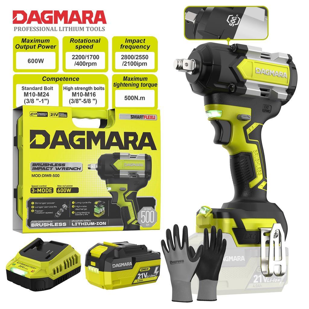 DAGMARA DIWR-500 High-Performance Impact Wrench, Aluminum Alloy Body for Ultra Cooling, 4.0Ah Battery & Charger Included