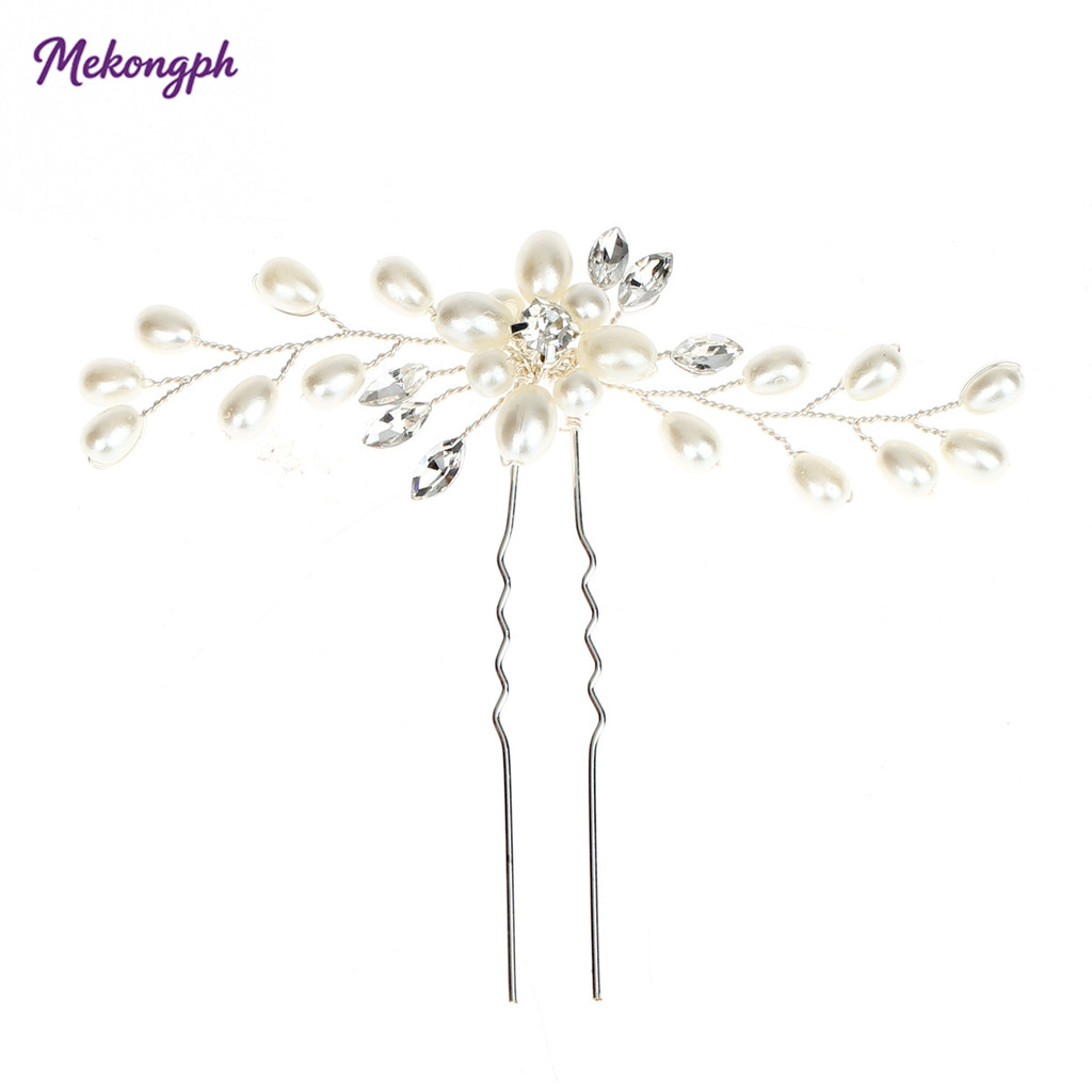 Handcrafted Pearl Hairpin Wedding Crystal Headdress U-shaped [mekong]