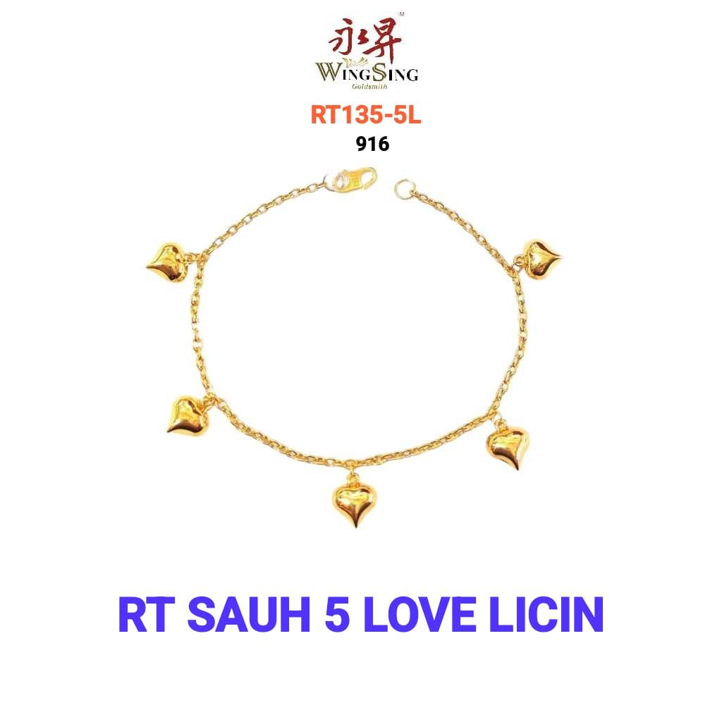 Wing Sing Rantai Tangan Sauh Licin Gantung Lima Love Licin Emas 916 爱心光身万字916 黄金手链 916 Love Bracelet