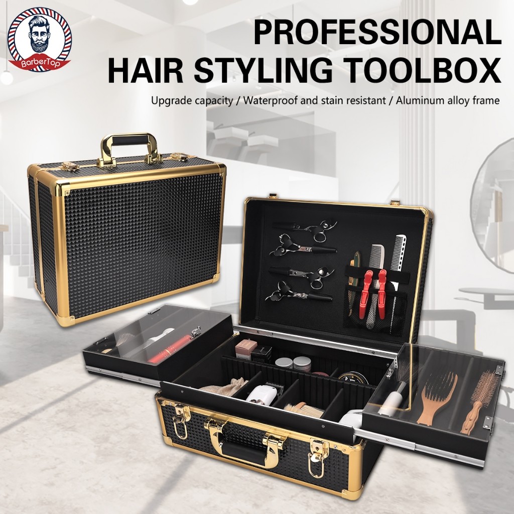 Luxury Gold Professional Hair Styling Toolbox, Extendable Foldable Large Capacity Barber Tool Storage Case