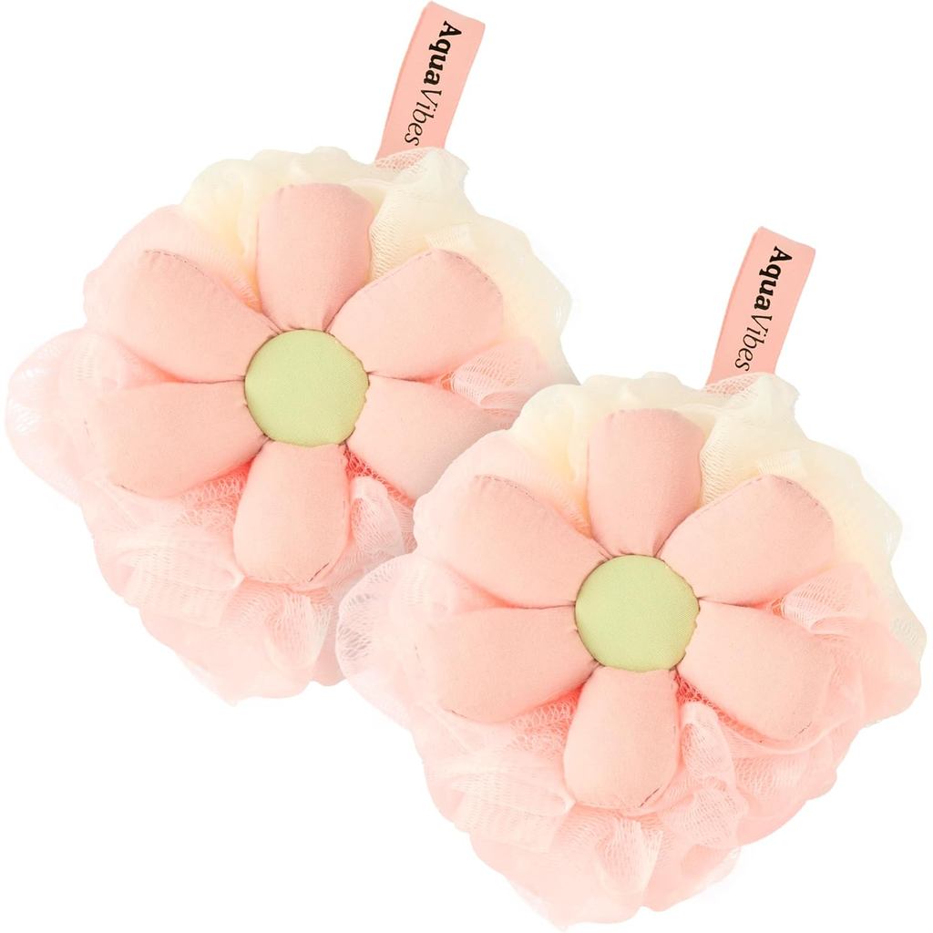 Cute Bath Loofah Sponge -- Mesh Fluffy Flower Shape Body Brush, Double Set -- Female Exfoliating Shower Sponge, Sensitive Skin Beauty Bath Supplies Sponge