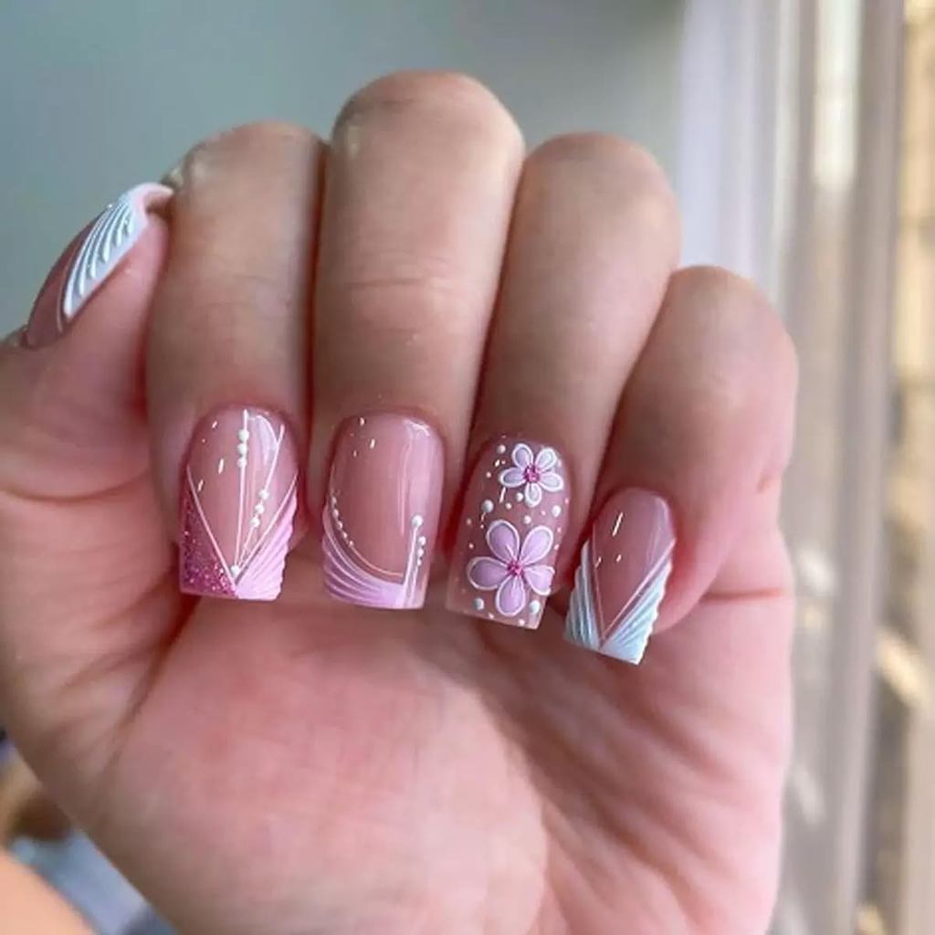 Press on Nails Square - Short Fake Nails with Flower Design - French Tip, Pink False Nails - for Women 24 Pcs