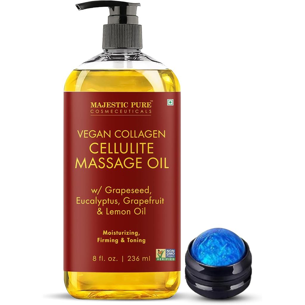 Majestic Pure Cellulite Massage Oil for Massage Therapy- Refreshing and Relaxing- Natural Oils with Grapeseed, Eucalyptus, Grapefruit & Lemon Oil- All Skin Types- Men and Women Mas