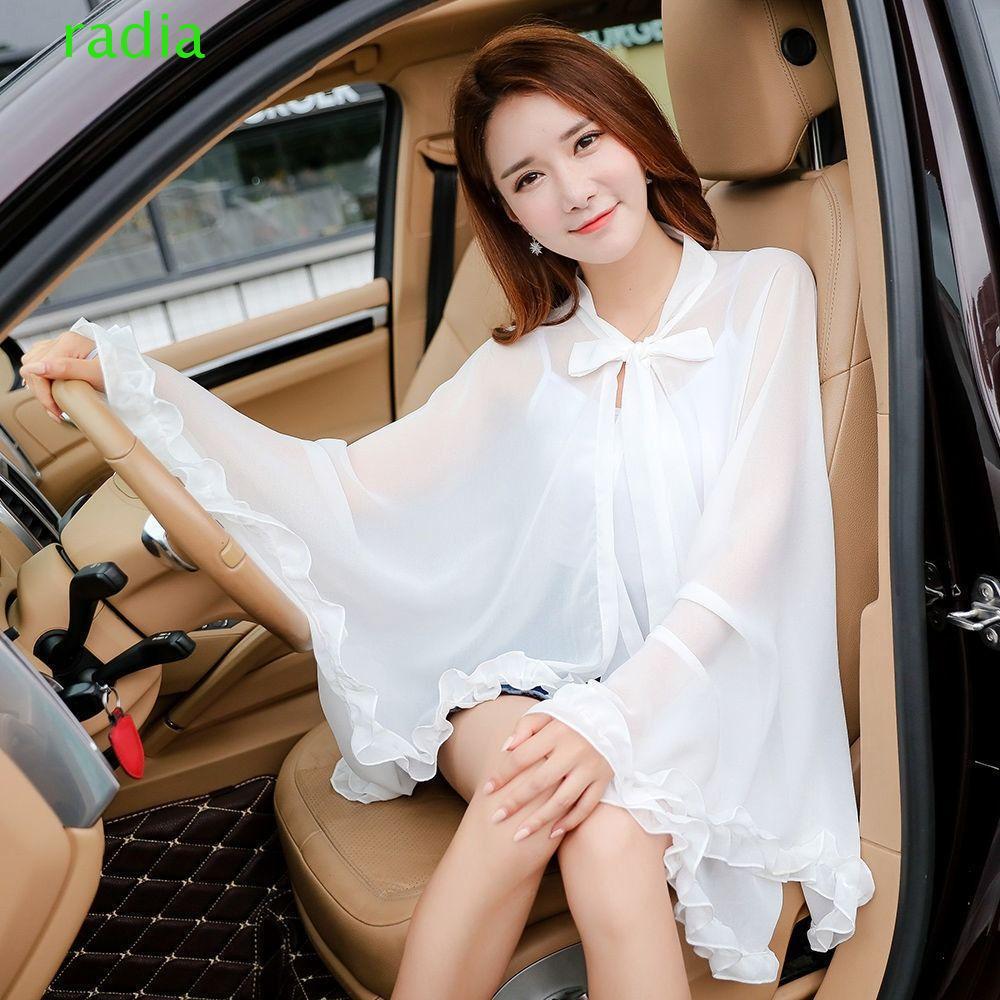 RADIANTZAP Chiffon Ruffled Shawl, Print Bow Tie Long Sleeve Thin Coat, Simple Cloak Shrug Clothes Decoration Sun Protection Capes Sunscreen Shawl Ladies