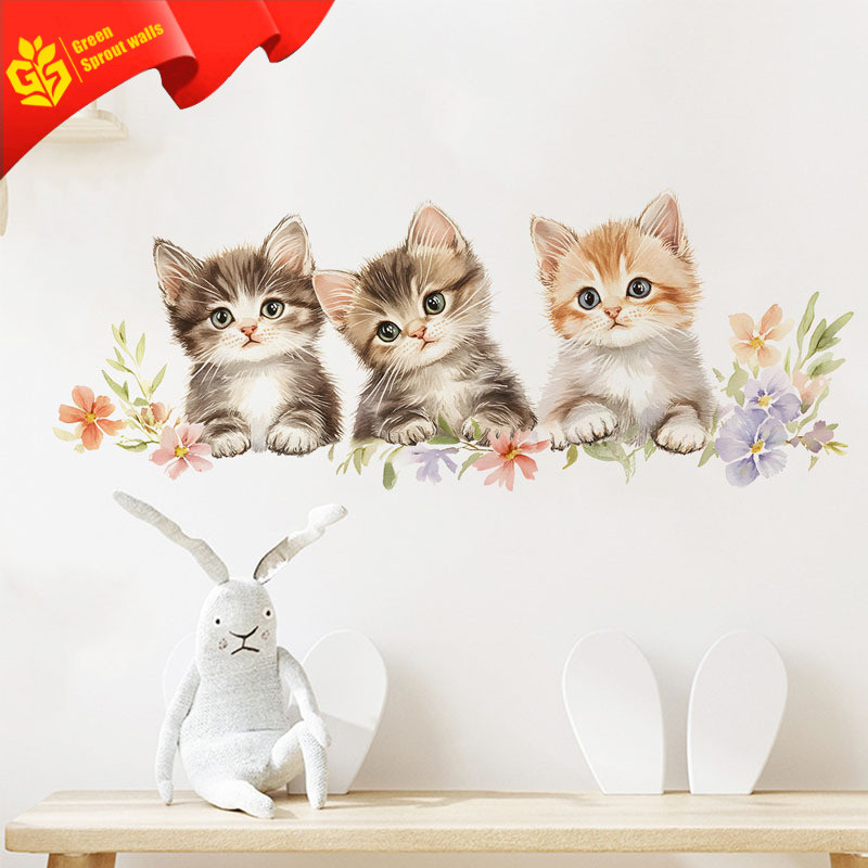 Tiga Anak Kucing Kecil Pelekat Dinding Gambar Comel untuk Bilik Tidur Ruang Tamu Pintu Masuk Dinding Latar Belakang PVC Pelekat Diri Boleh Tanggal