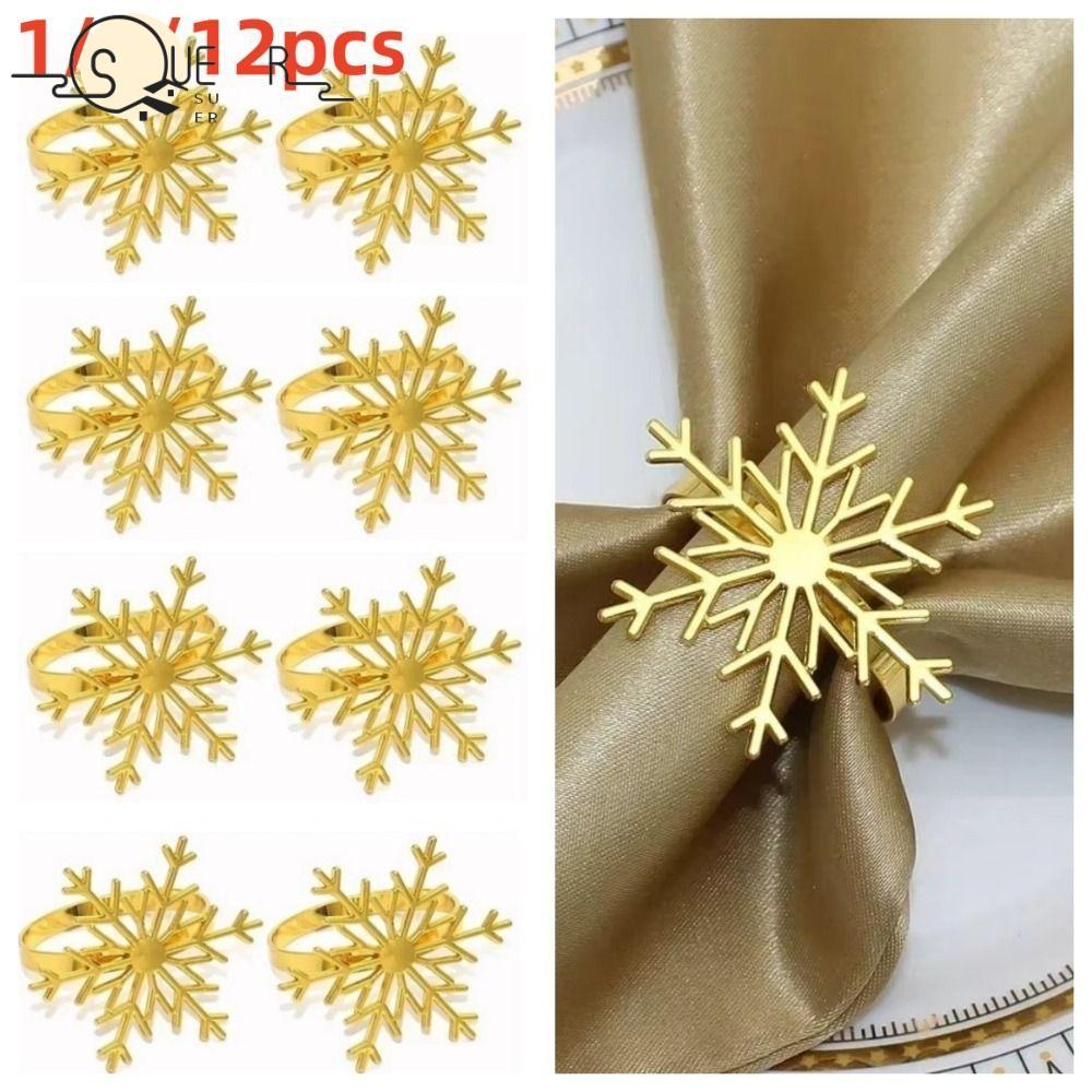 SUEREN 1/6/12pcs Napkin Ring Buckles, Metal Silver/Gold Snowflake Napkin Holder, Exquisite  Year Gift Christmas Holiday Dinnig Table Decoration Kitchen